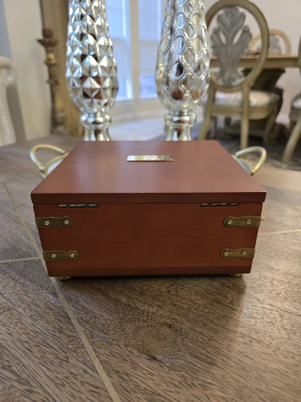Bulova Wooden Box Wall Clock in Brown with Brass Accents